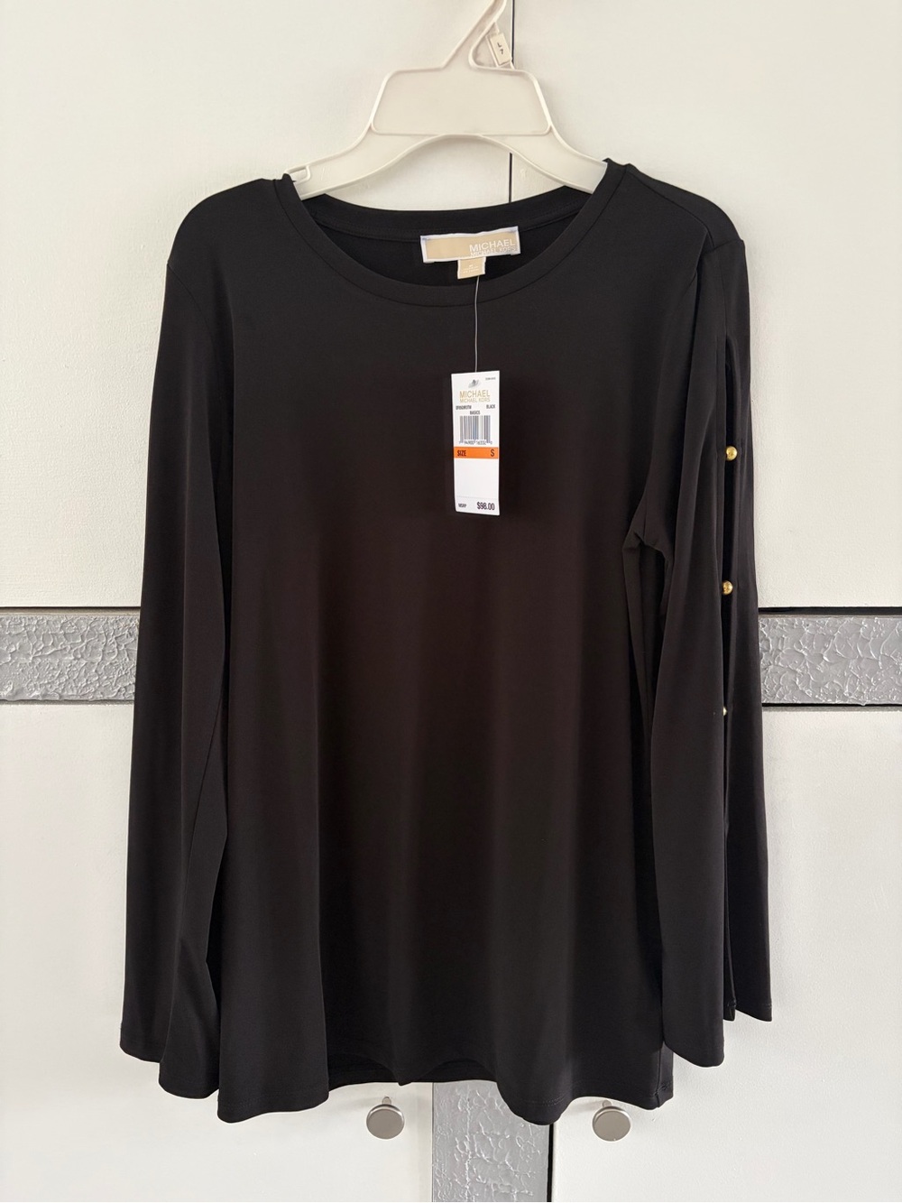 Michael Kors Black Long-Sleeve Crewneck Top with Gold Buttons